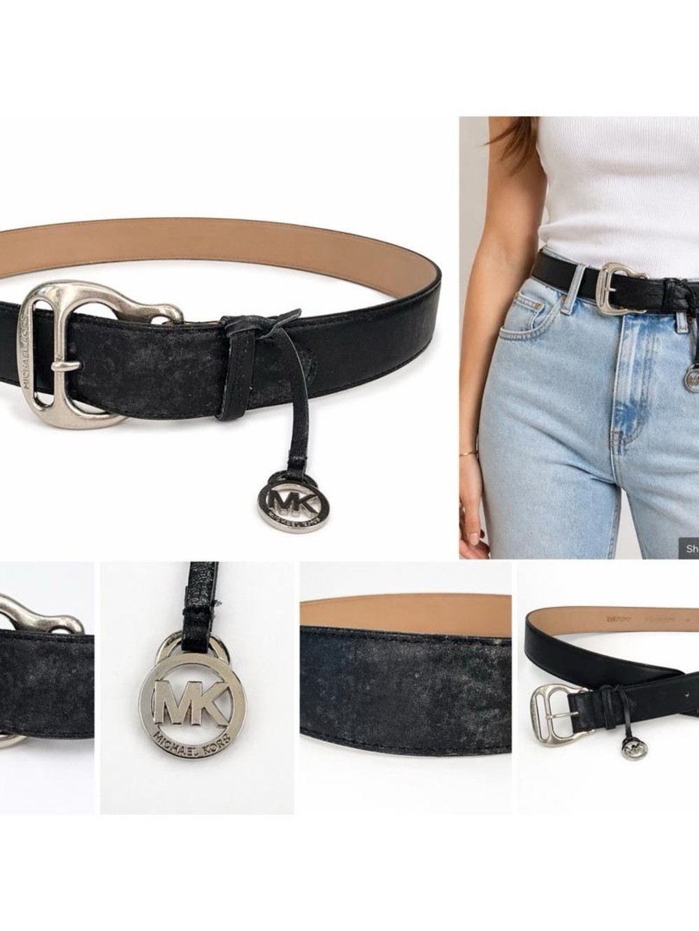 Michael Kors Navy Leather Belt with Silver-Tone Buckle Medium